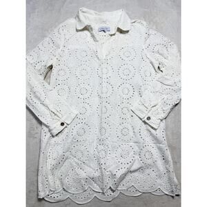 Cartolina Nantucket Joy Coverup Top Sz M White Eyelet Scalloped Hem Embroidery